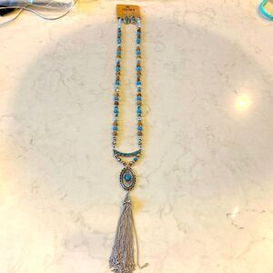 Silver color faux turquoise concho chain tassel mixed beads fringe brand new